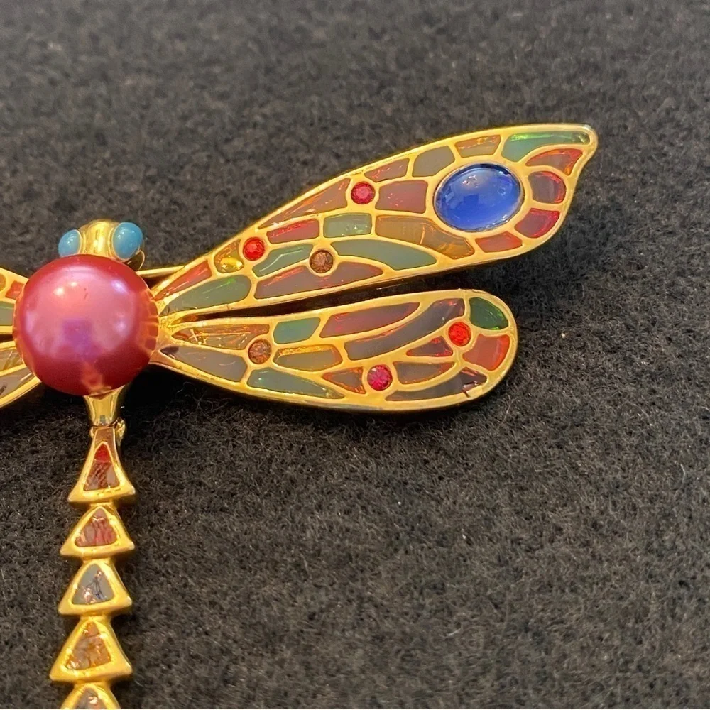 Joan Rivers Plique a Jour Articulated Dragonfly enamel  & rhinestone brooch